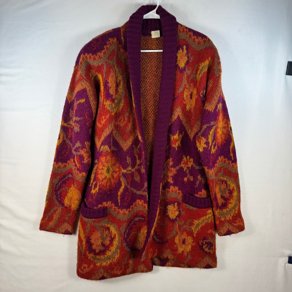 Vintage Mohair Blend Cardigan Sweater Paisley Floral Open Front Purple Orange
